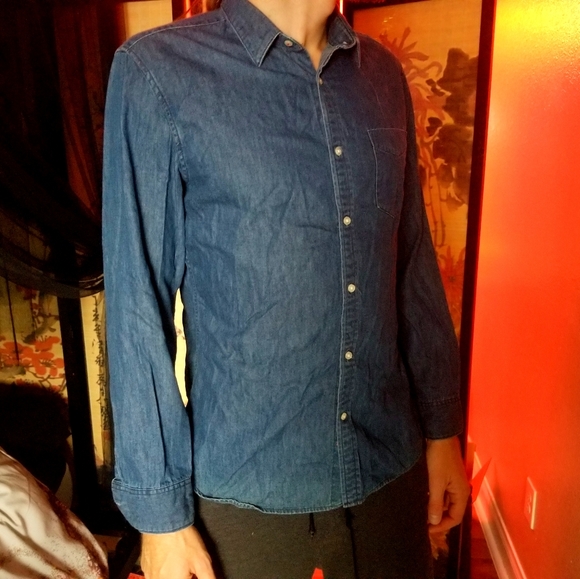 Dark blue, long sleeve denim button down - Picture 3 of 3